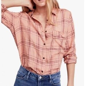 NWT Free People Women's Peach Combo No Limits Plaid Button Down Shirt Size